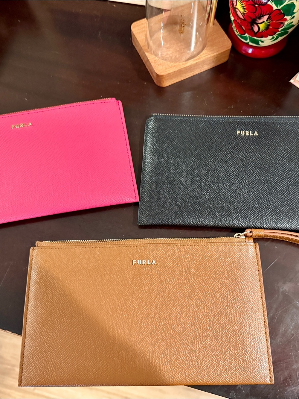 Furla Trio Leather Wristlet Set in Pink, Black & Tan